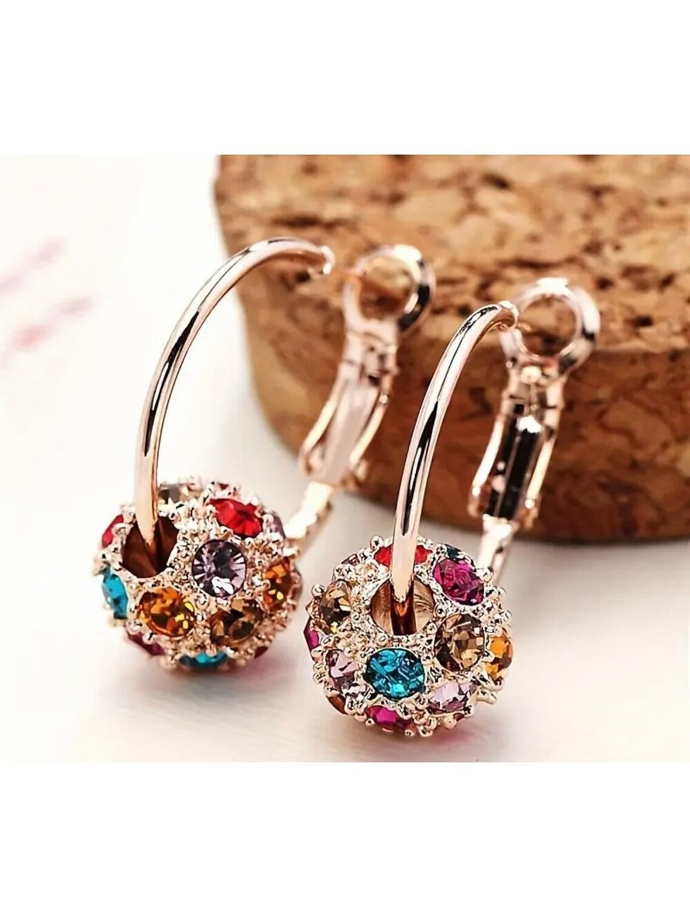 New - Gorgeous and Unique - 14K Gold Rhinestone Ball Hoop Earrings
